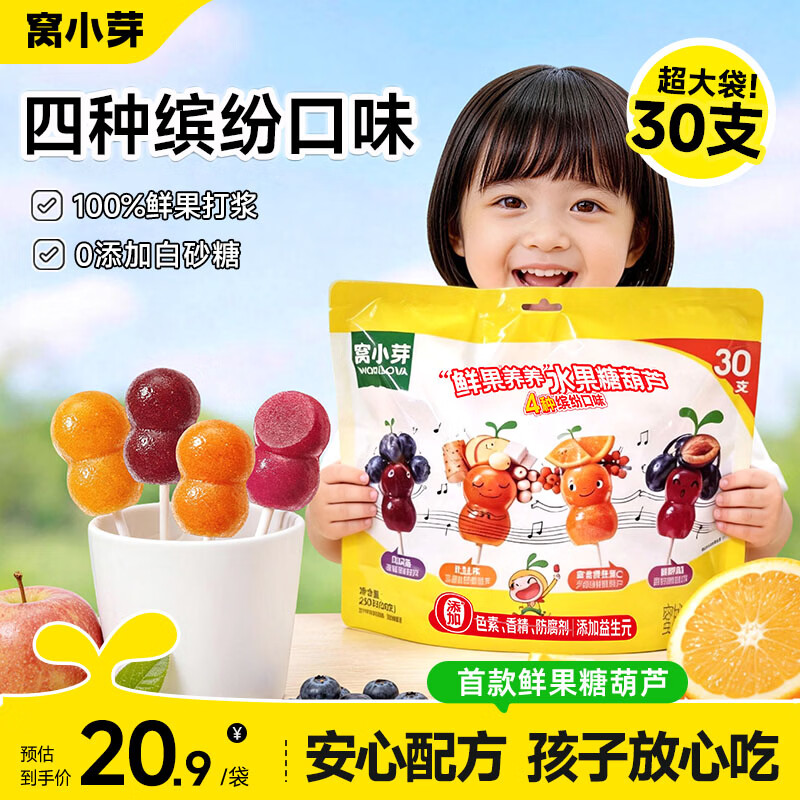 窝小芽 水果糖葫芦山楂棒棒糖0添加白砂糖儿童零食享宝宝婴儿零辅食谱 【4种口味】水果糖葫芦230g（30支）