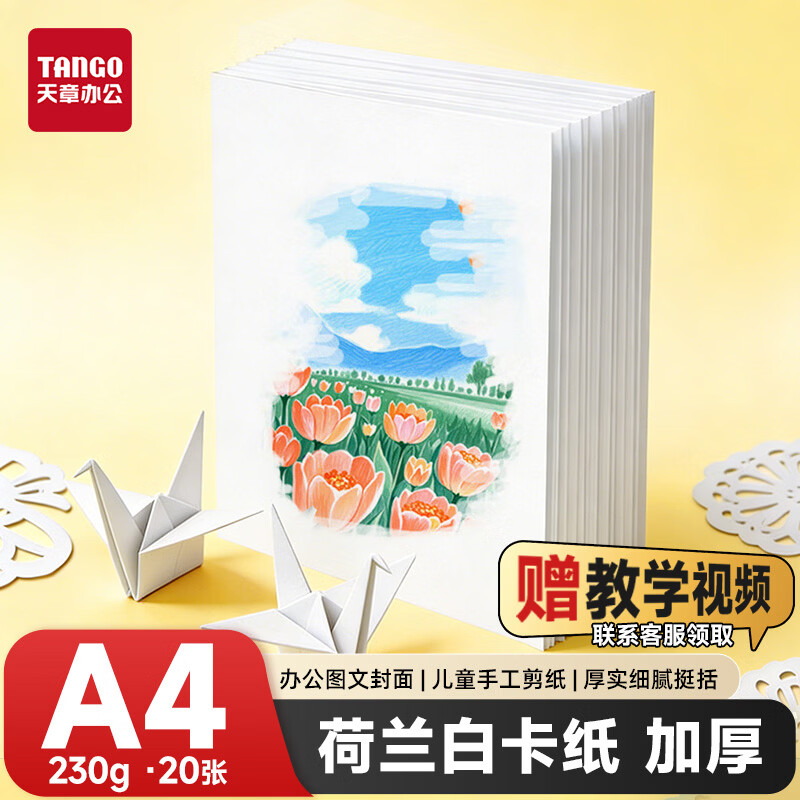 天章 （TANGO）卡纸A4荷兰白卡纸230g加厚硬卡纸学生手工折剪纸美术画画盖章马克纸手抄报专用纸20张/包