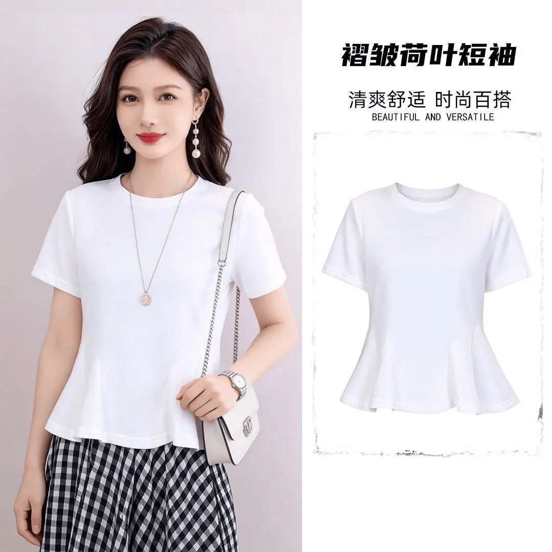 【专柜正品】荷叶边短袖t恤女2026春夏季新款时尚洋气法式上衣 白色 L 【建议体重101-110斤】