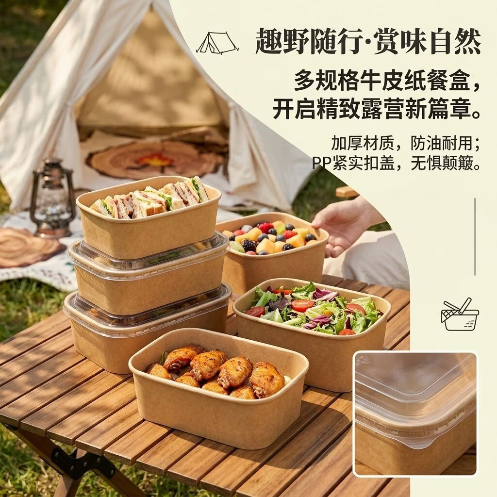 百丽德一次性饭盒露营野餐盒食品级外卖水果分装纸碗加厚打包饭盒带盖子 1000ML 10套