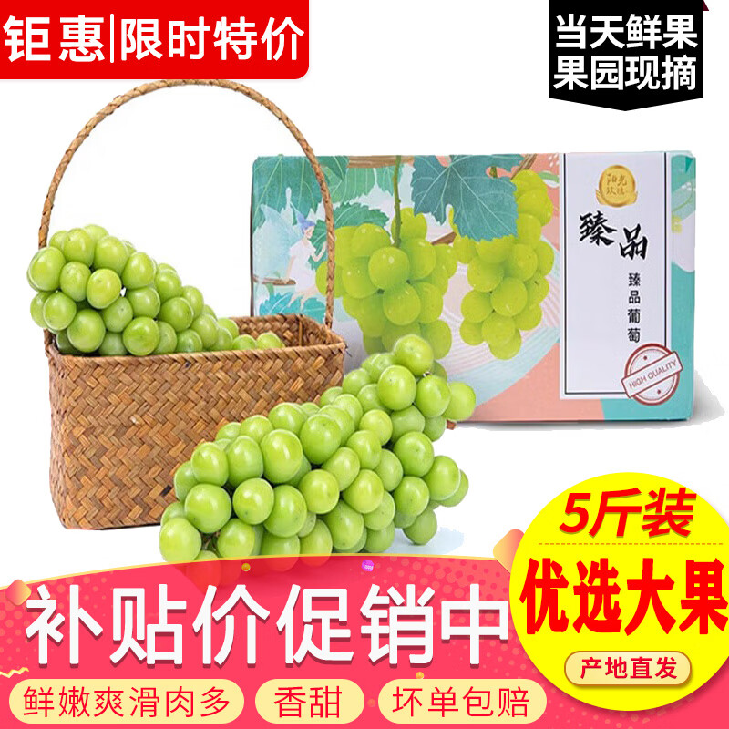 玖原农珍 四川阳光玫瑰葡萄大颗粒纯甜晴王整串 当季新鲜水果礼盒 臻选装含箱5斤净果4斤约7-15g礼箱装