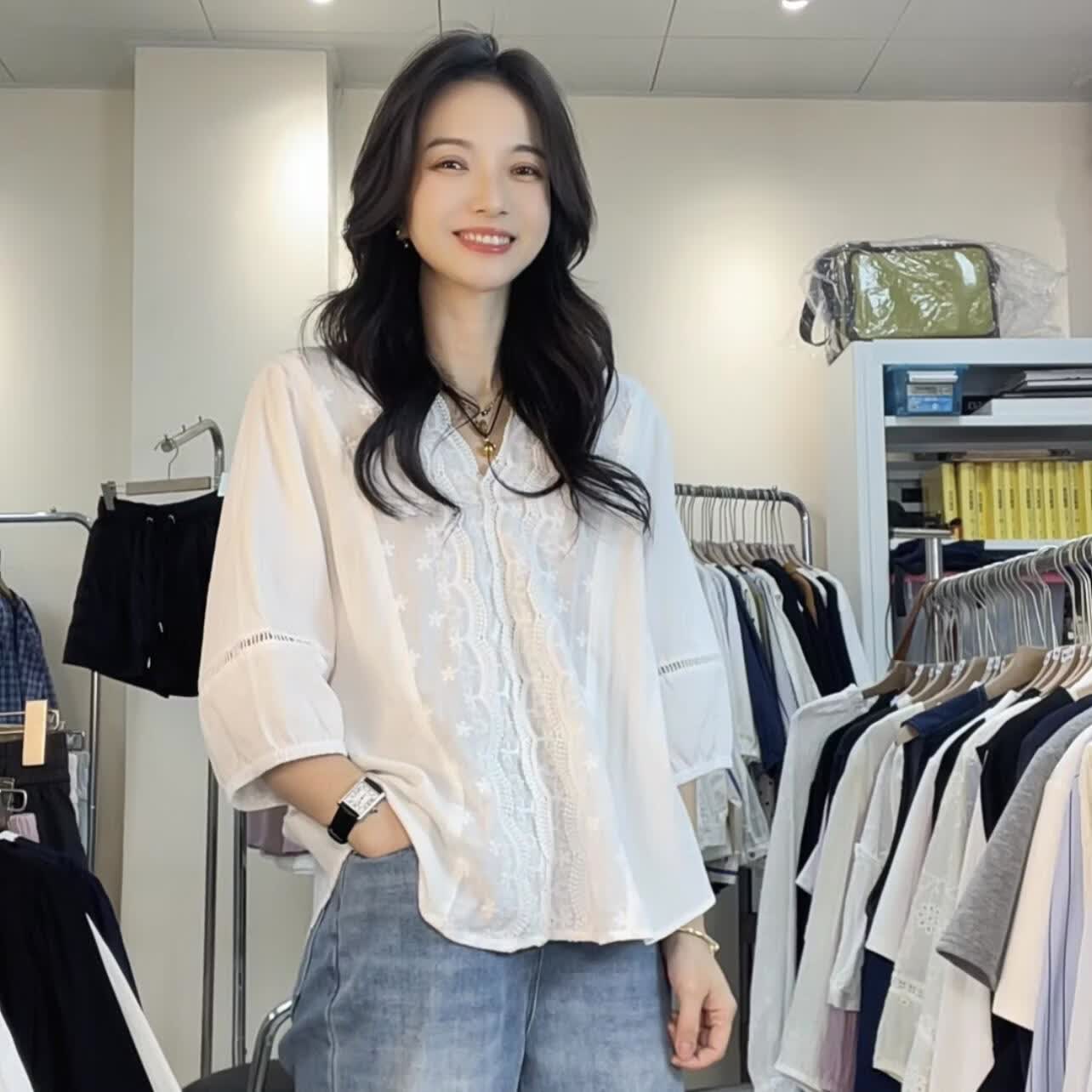 大码法式镂空花边V领宽松显瘦衬衫女2026春夏新款别致泡泡袖上衣 白色 M （建议90-115斤）