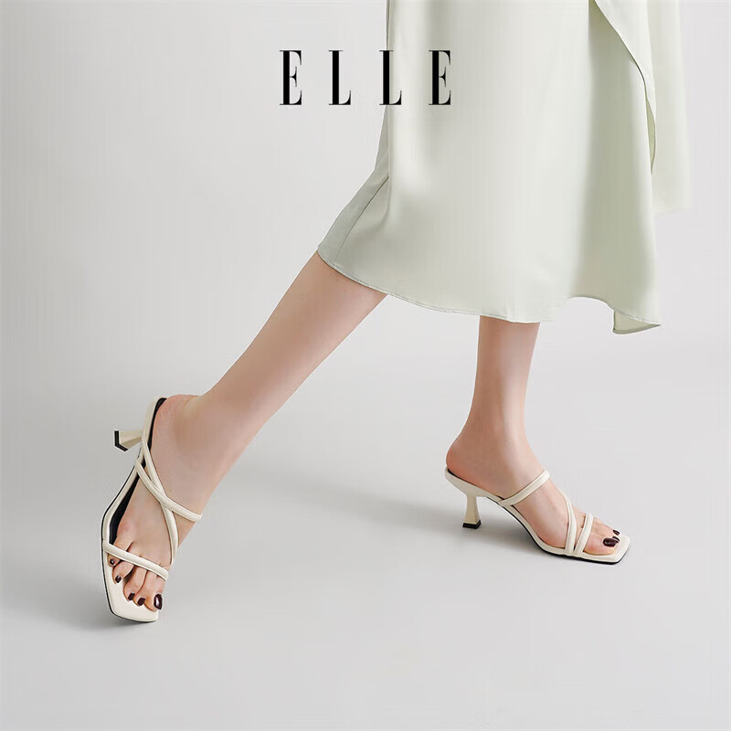 ELLE黑色方头细带高跟凉拖鞋女夏季外穿百搭中跟一字带凉鞋 米白 6.5cm 37 (235mm) 标准码
