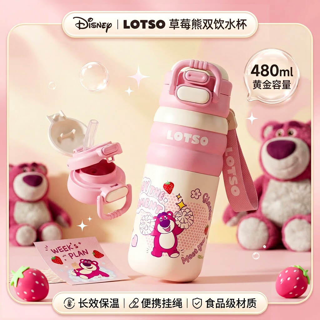 迪士尼（Disney）儿童保温杯小学生上学专用水杯一盖双饮杯女生便携吸管喝水杯礼物