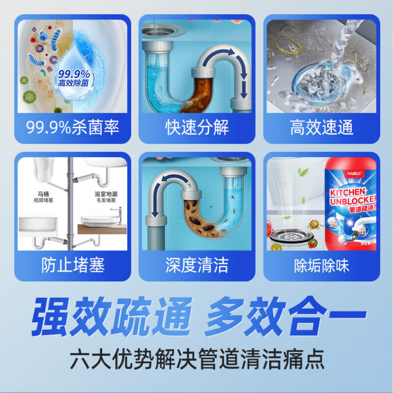 海布森（HAIBUS）下水管道疏通剂强力油脂溶解通清理厨房卫生间马桶重油污堵塞神器 500ml 5瓶装【超值囤货装】