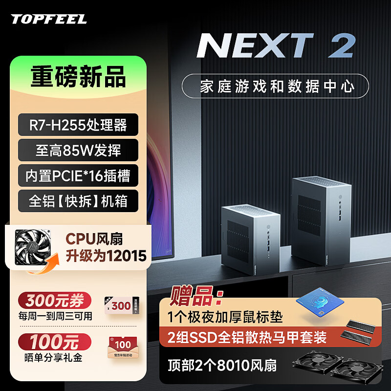 极夜/TOPFEEL【Next 2】小微型迷你itx独显小主机电脑全铝商用办公电脑游戏数据中心性能小钢炮N2 NEXT 2 R7-H255准系统（无内存硬盘系统）