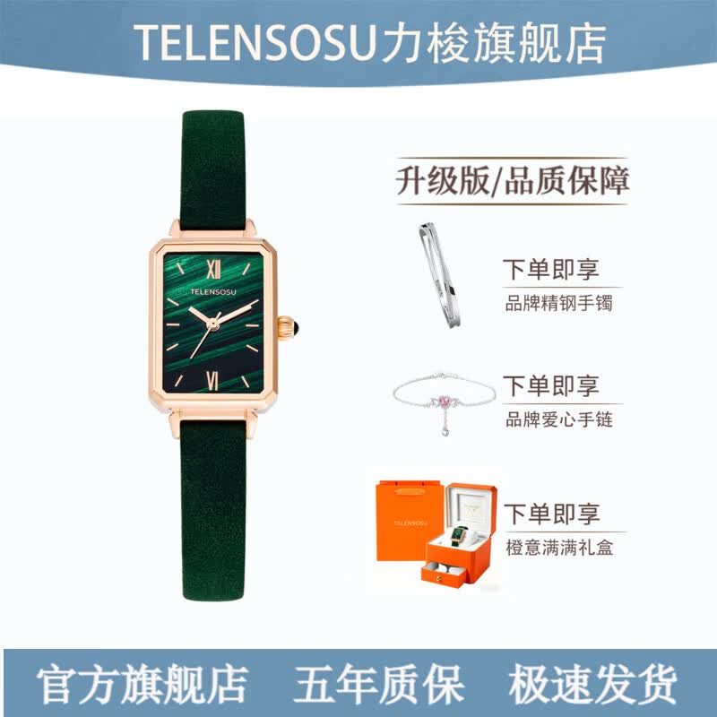 TELENSOSU 力梭品牌女士手表轻奢小众星空手表女款高级感女表情人节生日礼物 【免费刻字】绿绒皮-小绿表 礼物高档