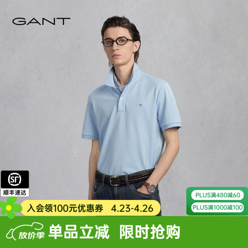 GANT/甘特25年新款夏季男士纯色打底衫时尚简约短袖T恤翻领POLO衫 407-蓝色 XL