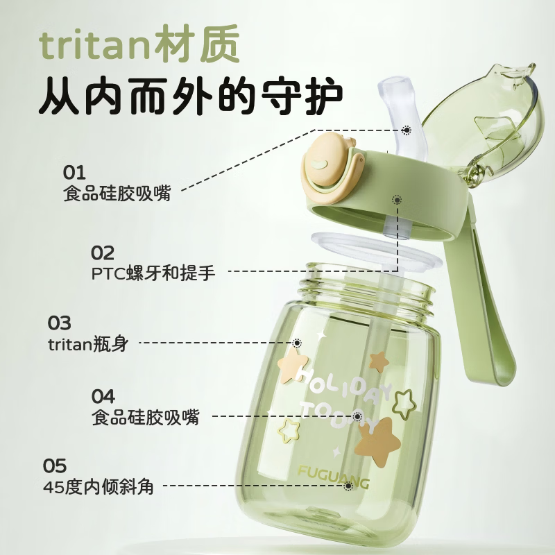富光塑料杯 新款Tritan材质吸管水杯 耐高温便携防漏儿童上学水杯专用 【Tritan材质】新款儿童便携375ML-绿色