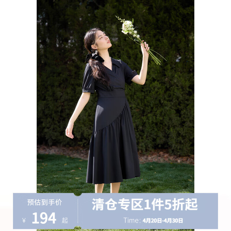 独束大码女装【束型系列】夏日曼波赫本风优雅围裹式修身连衣裙女 赫本黑 2XL (尺码：4)