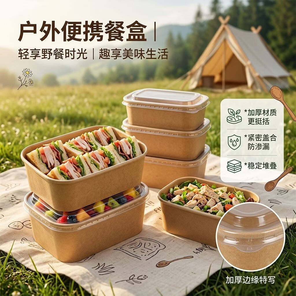百丽德一次性饭盒露营野餐盒食品级外卖水果分装纸碗加厚打包饭盒带盖子 1000ML 10套
