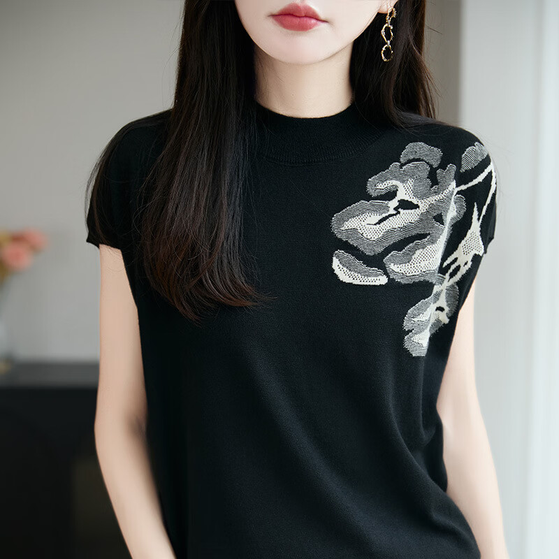 【轻奢爆款】新中式半高领提花短袖T恤针织衫女时尚上衣洋气打底 黑色 L 建议110-130斤