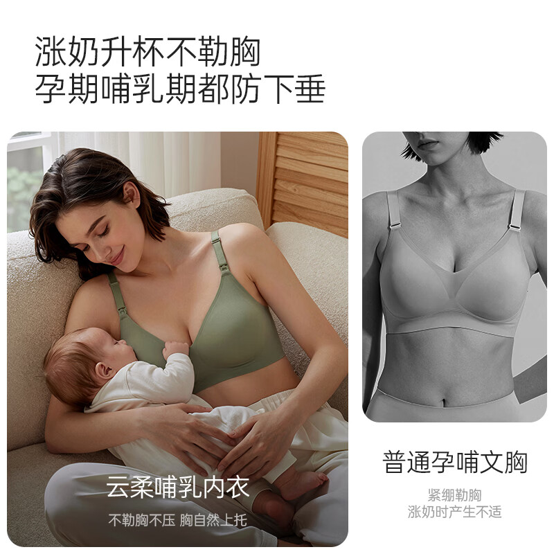 ROVO哺乳内衣怀孕期聚拢无痕舒适喂奶透气孕妇文胸孕哺胸罩 藕粉色+裸肤色【聚拢防下垂 送延长扣】 M