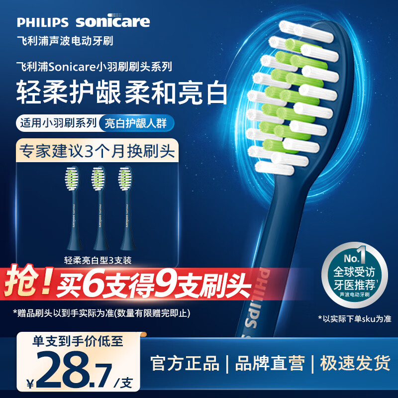 飞利浦（PHILIPS）电动牙刷头官方原装适配小羽刷系列刷柄清洁亮白   3支装HX2033/03  适配HX2471/01蓝色