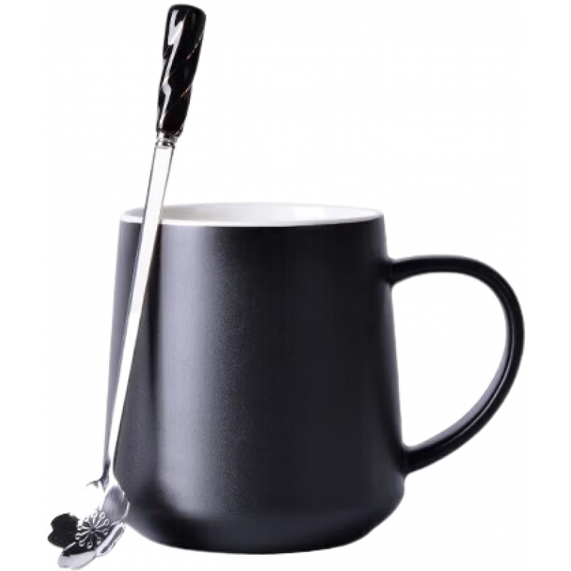 物生物品质同款马克杯咖啡杯带盖带勺陶瓷杯子情侣水杯女办公室茶杯男生 黑色【+陶瓷柄樱花勺】