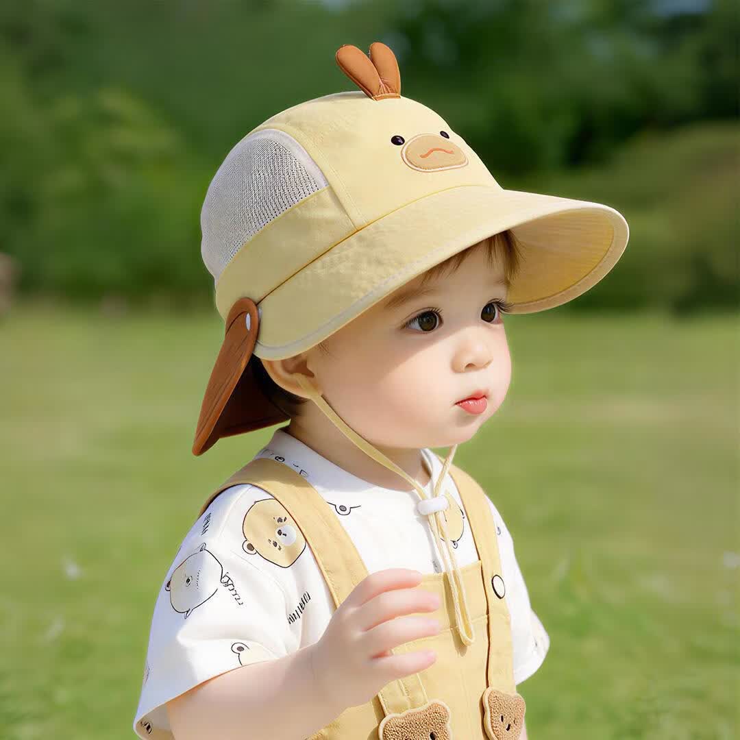 wua·wua儿童帽子春夏季透气薄款防晒帽男女宝宝可爱卡通户外遮阳帽渔夫帽 立体卡通双檐黄 1-5岁头围46-52cm)