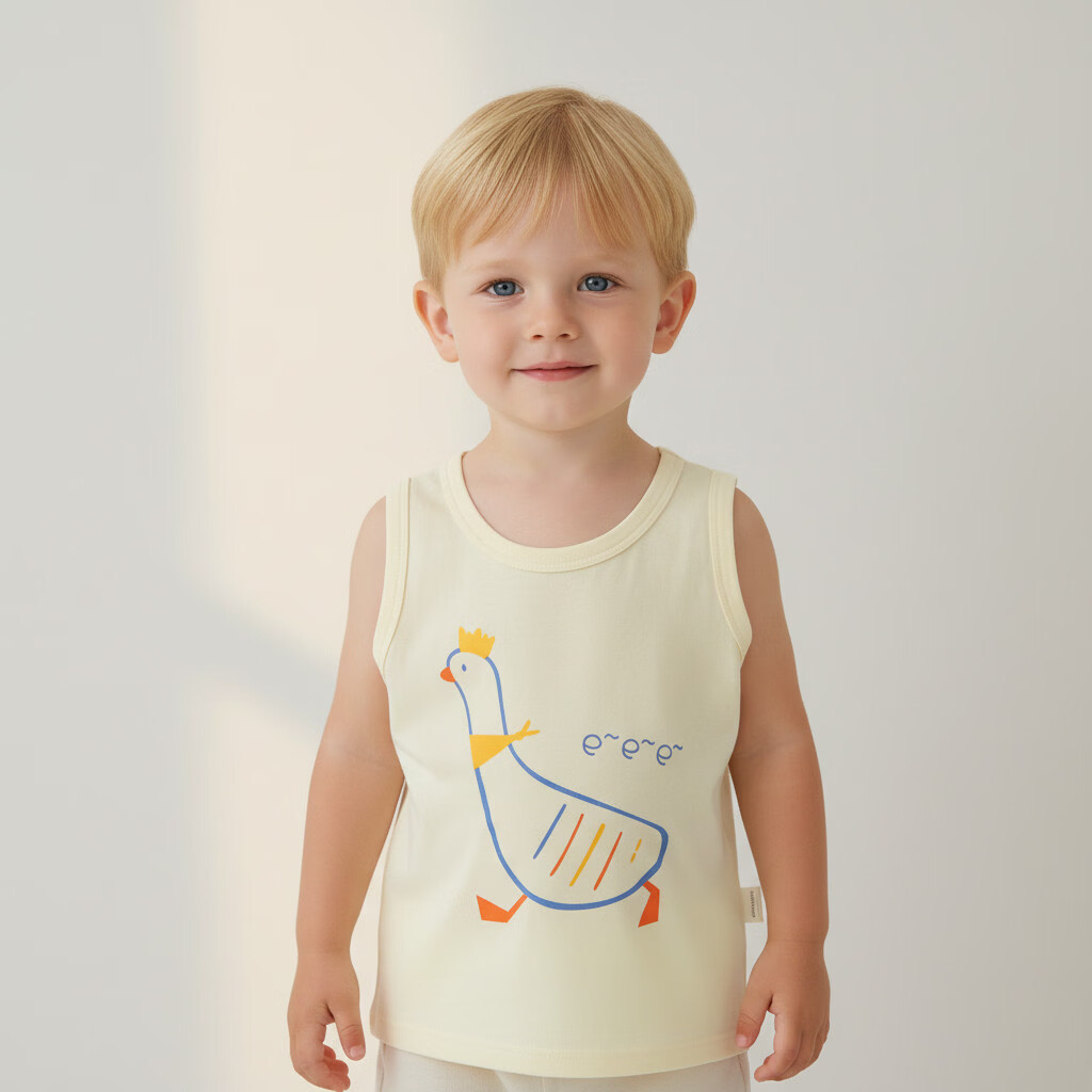 小猪大卫 PECODAVID婴儿背心夏男女宝宝薄款无袖上衣A类打底汗衫工字小背心 浅黄鹅鹅鹅 90