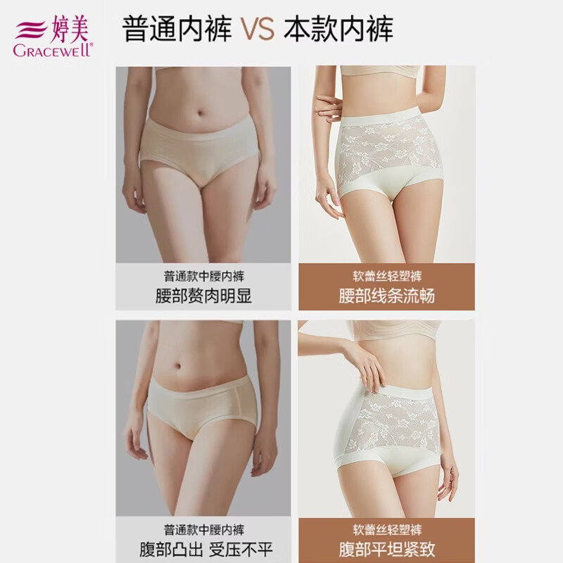 婷美(GRACEWELL)婷美蕾丝高腰收腹裤益生菌里档女士内裤10A抗菌束腰透气无痕塑身 气质黑+曼绿+肤色 3XL 160-190斤