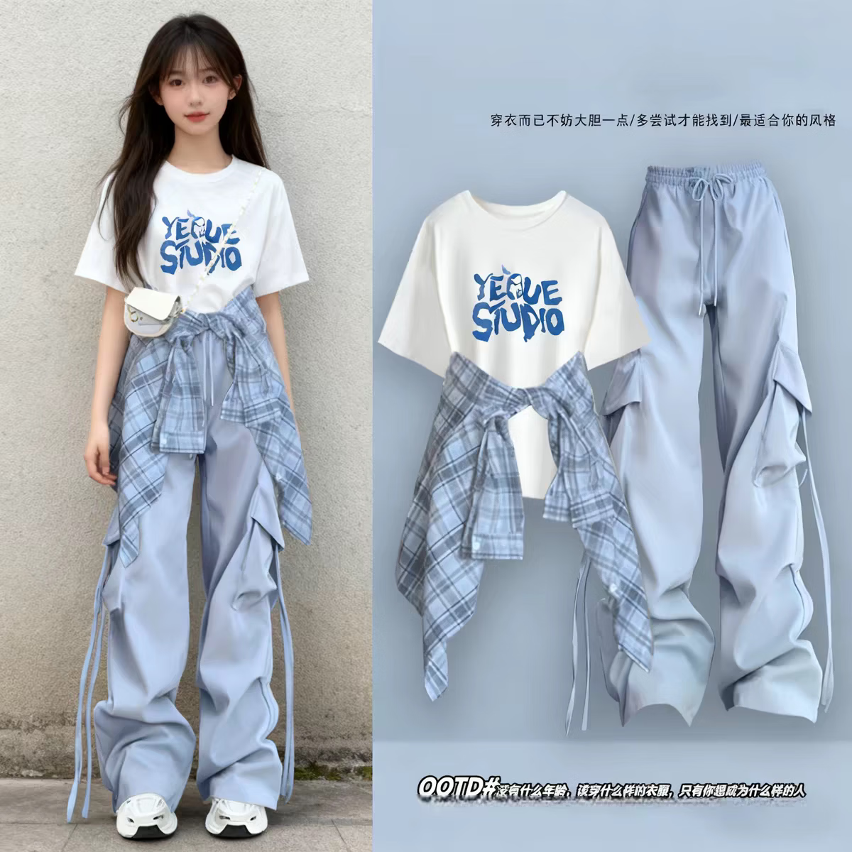 欧颖慕女童夏季短袖套装女大童衣服夏季女孩运动套装短袖衬衫工装裤洋气 303白色短袖+粉色工装裤【两件套】 155 （S）码【建议75-90斤】