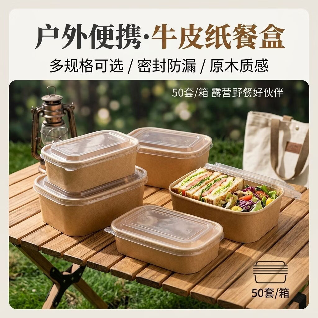百丽德一次性饭盒露营野餐盒食品级外卖水果分装纸碗加厚打包饭盒带盖子 1000ML 10套