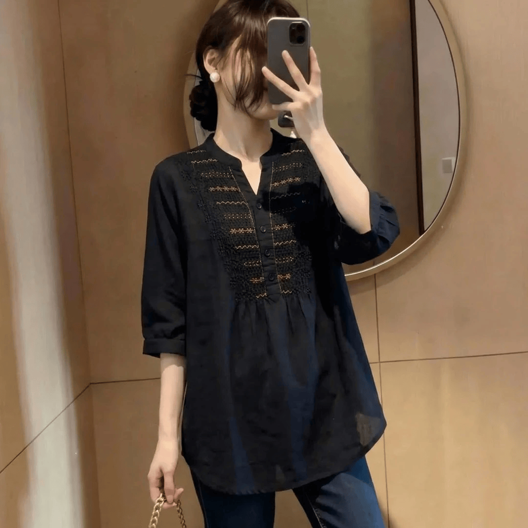 2026春夏新款法式刺绣正肩短袖T恤宽松遮肉显瘦半袖v领上衣女 黑色 2XL (建议130-150斤)