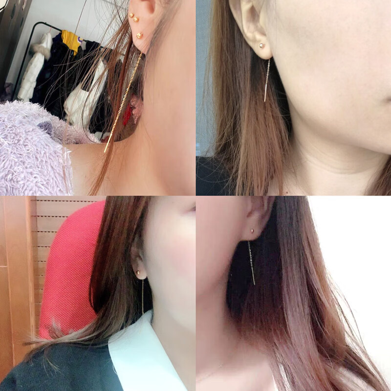 翡宇18k金彩金女纯k长款流苏黄金豆豆圆珠转运耳饰简约 欧字总长3cmK黄+尾部金豆一对