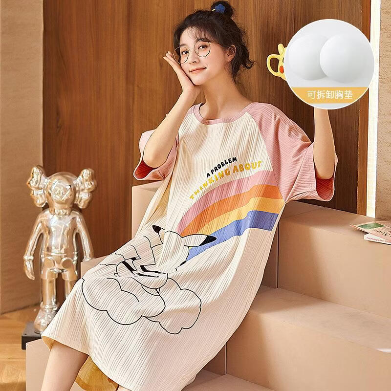 DAPHNE达芙妮【M】夏季女睡裙带胸垫棉质短袖无钢圈内衣罩杯孕妇圆领女士宽松 2916【含量30棉】 XL【含量30棉】