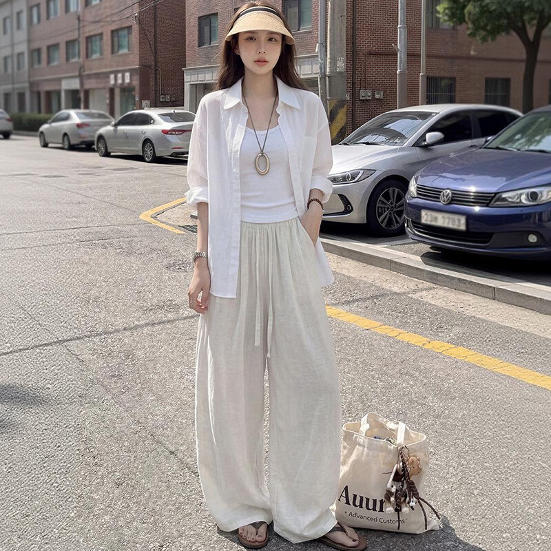 【JD旗舰店】浪莎 夏季亚麻弯刀宽松阔腿裤