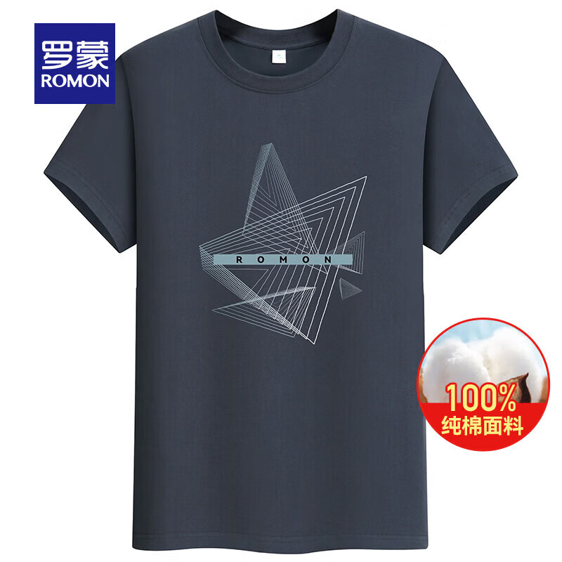 罗蒙(ROMON)纯棉短袖t恤男圆领中青年夏季新款百搭休闲T恤衫上衣 暮兰 L 175(建议125-140斤)