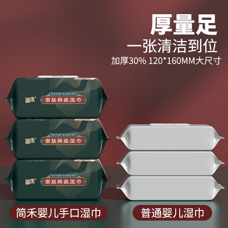 简禾纯水湿巾带盖抽取手口清洁湿巾大包家用婴儿手口湿纸巾 加大加厚【国风款】 80抽 5包