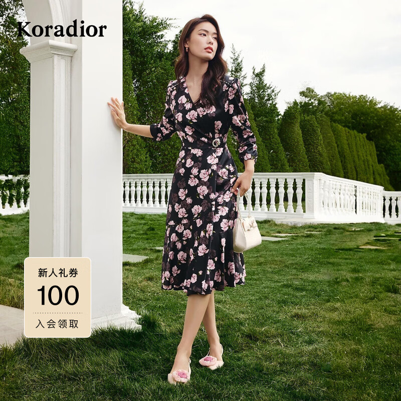 珂莱蒂尔【桑蚕丝】商场同款优雅气质碎花浪漫度假风连衣裙女春款 黑色 L