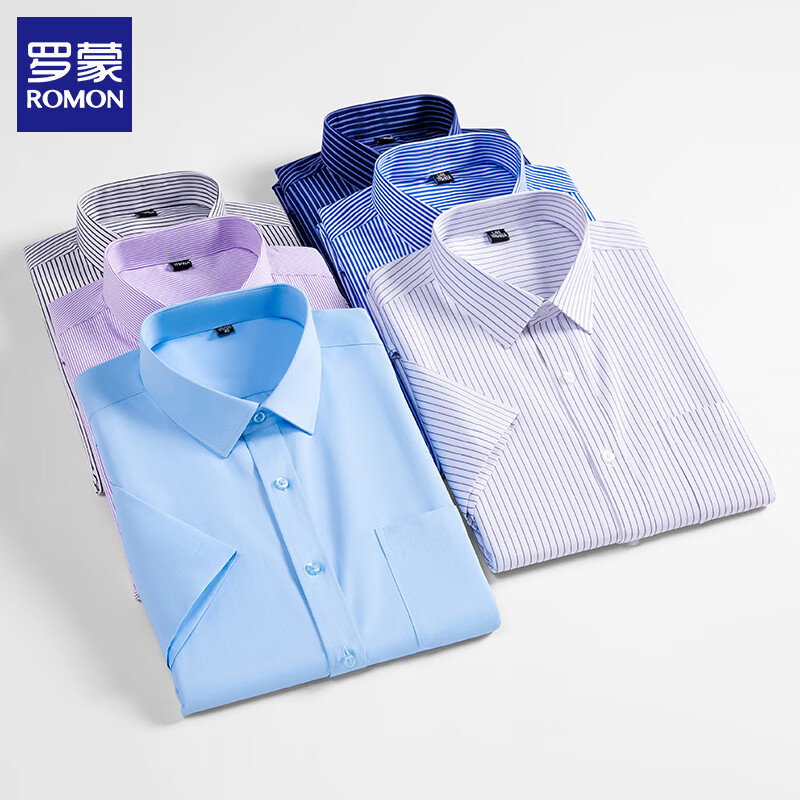 罗蒙（ROMON）短袖衬衫男士商务休闲2026夏季新款工装免烫抗皱衬衣工装衬衫 黑条纹 45 (建议体重200-215斤)