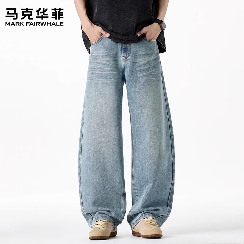 马克华菲(MARK FAIRWHALE)美式复古莱赛尔天丝高街弯刀牛仔裤男2026秋季潮流宽松水洗阔腿裤 蓝色 【春季新品】 30 【建议120-130斤】