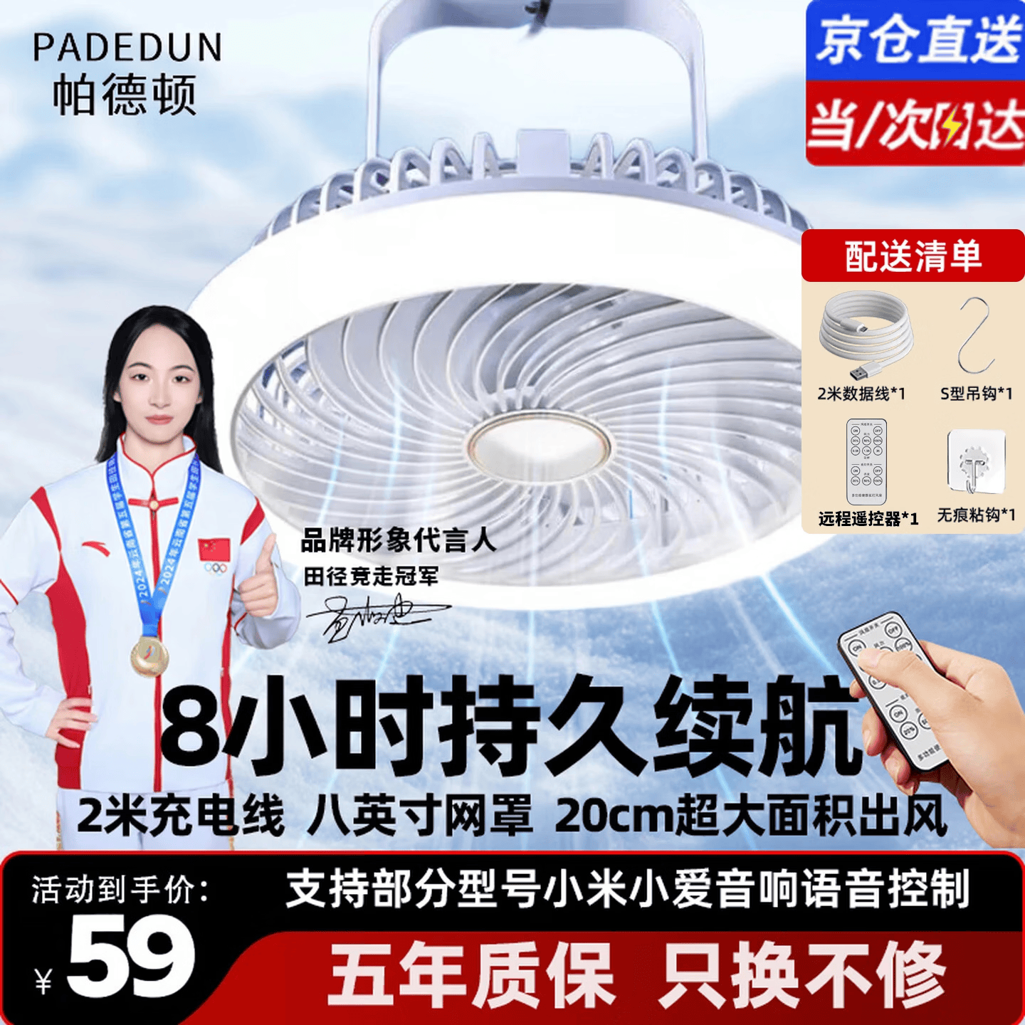 帕德顿【超长续航】usb风扇小型吊扇宿舍床上静音蚊帐露营台灯风扇户外便携充电风扇 【F2】20000M容量版本（8小时续航）+遥控器 充插两用/无刷静音电机