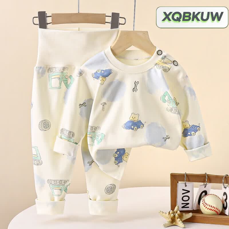 XQBKUW婴儿秋衣套装纯棉宝宝高腰护肚裤儿童内衣男女童睡衣服春秋冬保暖 无骨高腰套装-小汽车 66cm 可开档