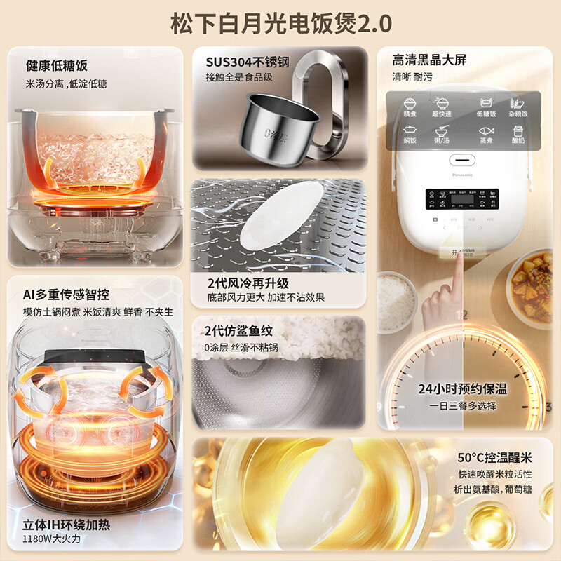 松下(Panasonic)电饭煲白月光低糖版电饭煲IH家用米汤分离电饭锅4-5人不锈钢0涂层0塑料内胆不粘锅一级能效4升 白月光 4L 【白月光系列】0涂层低糖饭