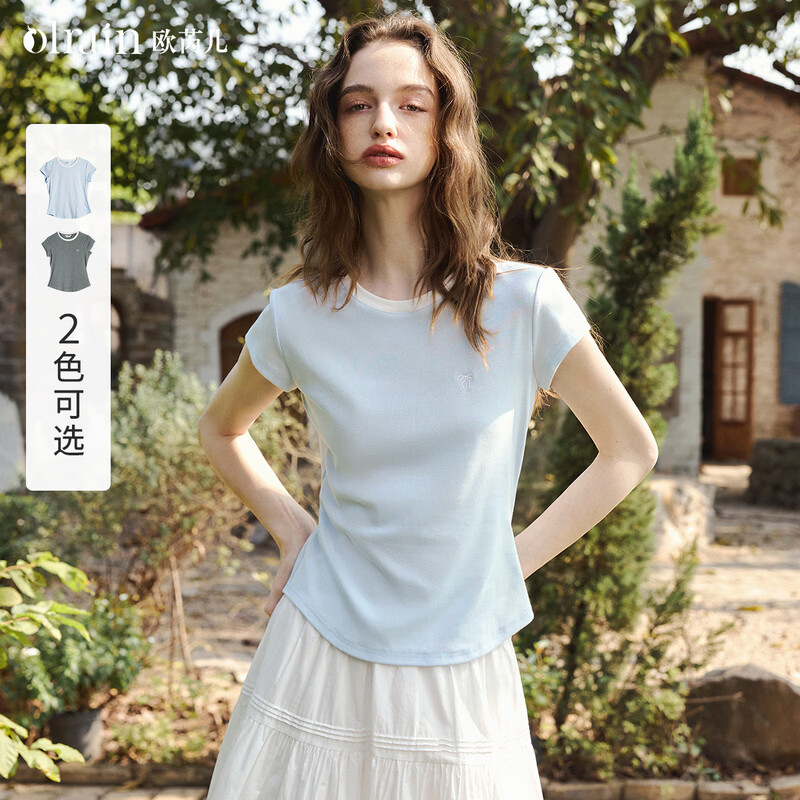 Olrain欧芮儿经典百搭精致撞色短袖T恤女装夏季新款潮流修身显瘦上衣 蓝色 M