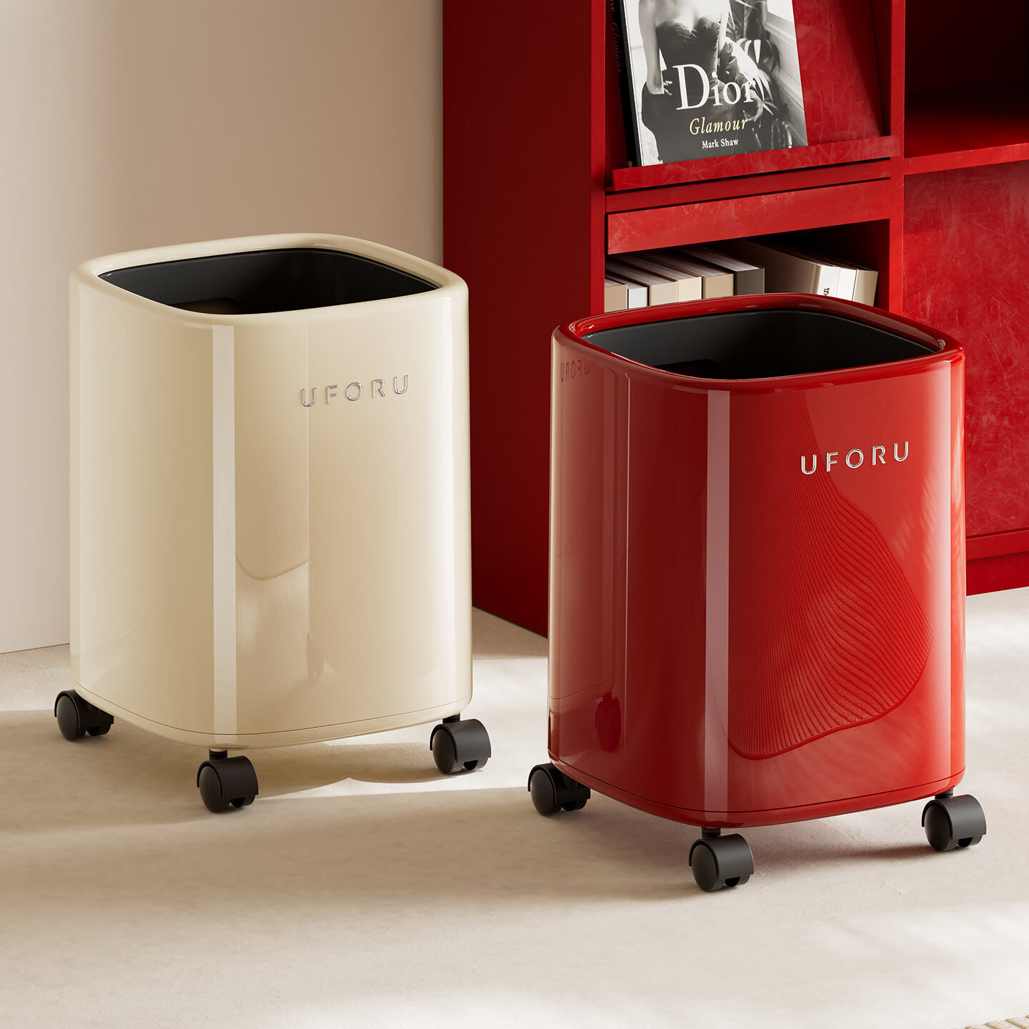 艾仕可（ASCOR）垃圾桶家用可移动高颜值卫生桶卧室客厅书房带盖纸篓大号复古纸筒 带轮款【奶油白】13L