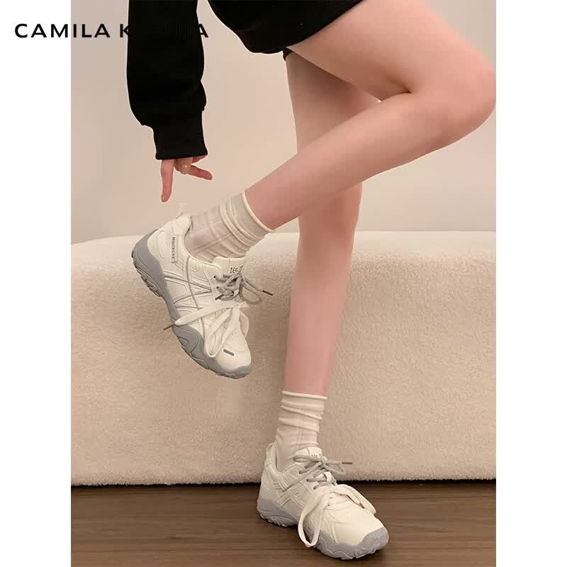 CAMILA KSENIA老爹鞋女士2026年新款夏季休闲德训鞋百搭厚底内增高运动小白鞋子 米灰色 38