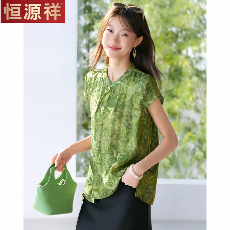 恒源祥2026夏天新款设计感不规则开叉小衫T恤复古中式短袖宽松上衣女薄 山青绿古纹不规则开叉小衫 2XL 126-138斤