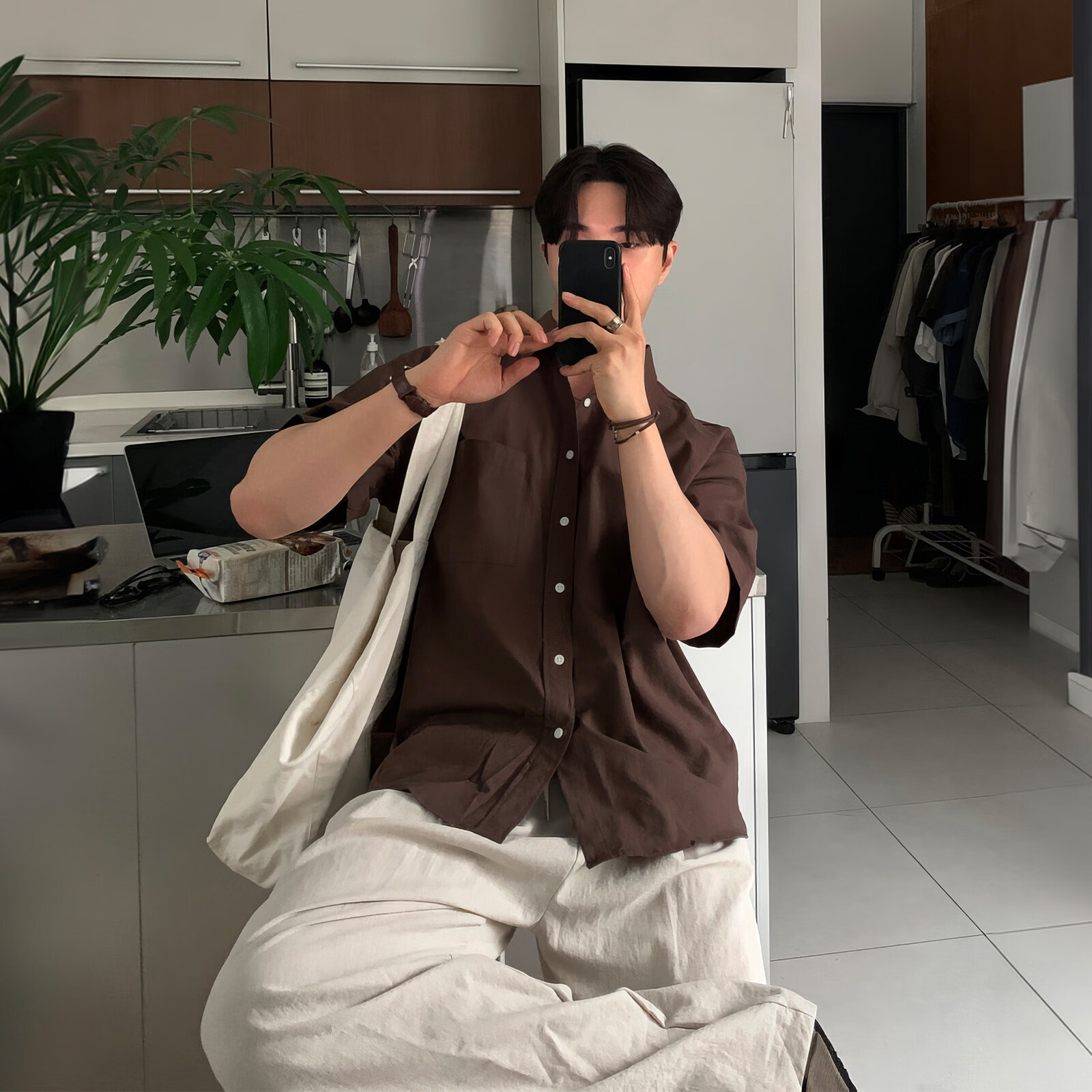 我是大卫老钱风亚麻短袖衬衫男款夏季轻薄透气垂感免烫衬衣单口袋工装上衣 棕色 XL