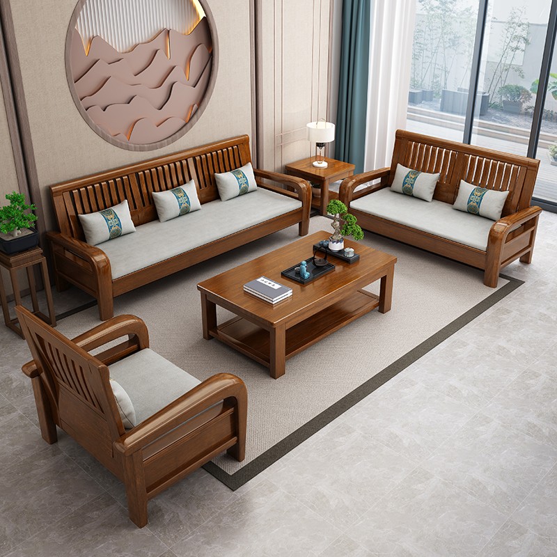 木禾蕙现代中式实木沙发客厅简约小户型冬夏两用贵妃转角原木经济型家具 2+2+3+长茶几