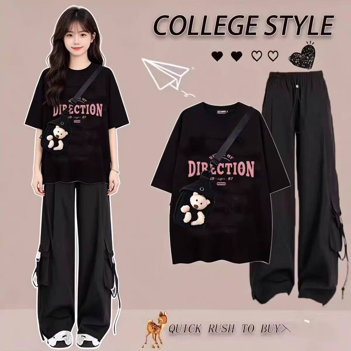 欧颖慕女童衣服初高中生夏季新款运动套装时尚女童套装夏季女孩短袖宽松 白色短袖+粉色工装裤【两件套】-无包包 155 （S）码【建议75-90斤】