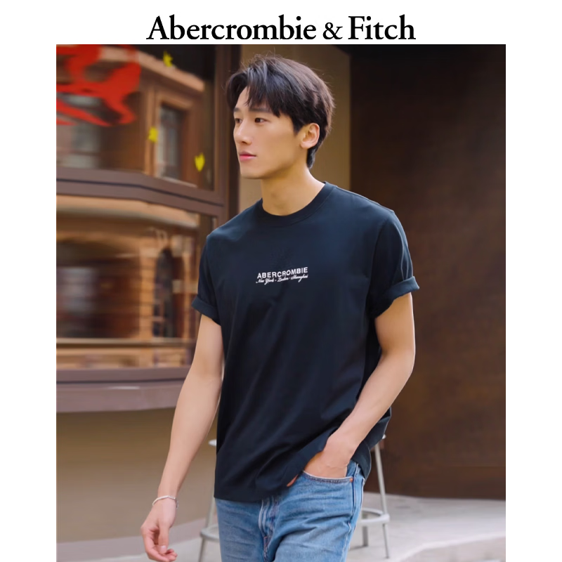 Abercrombie &amp; Fitch美式复古基础情侣LOGO舒适棉质短袖T恤上衣26春夏男装123-6054 黑色 M (180/100A)