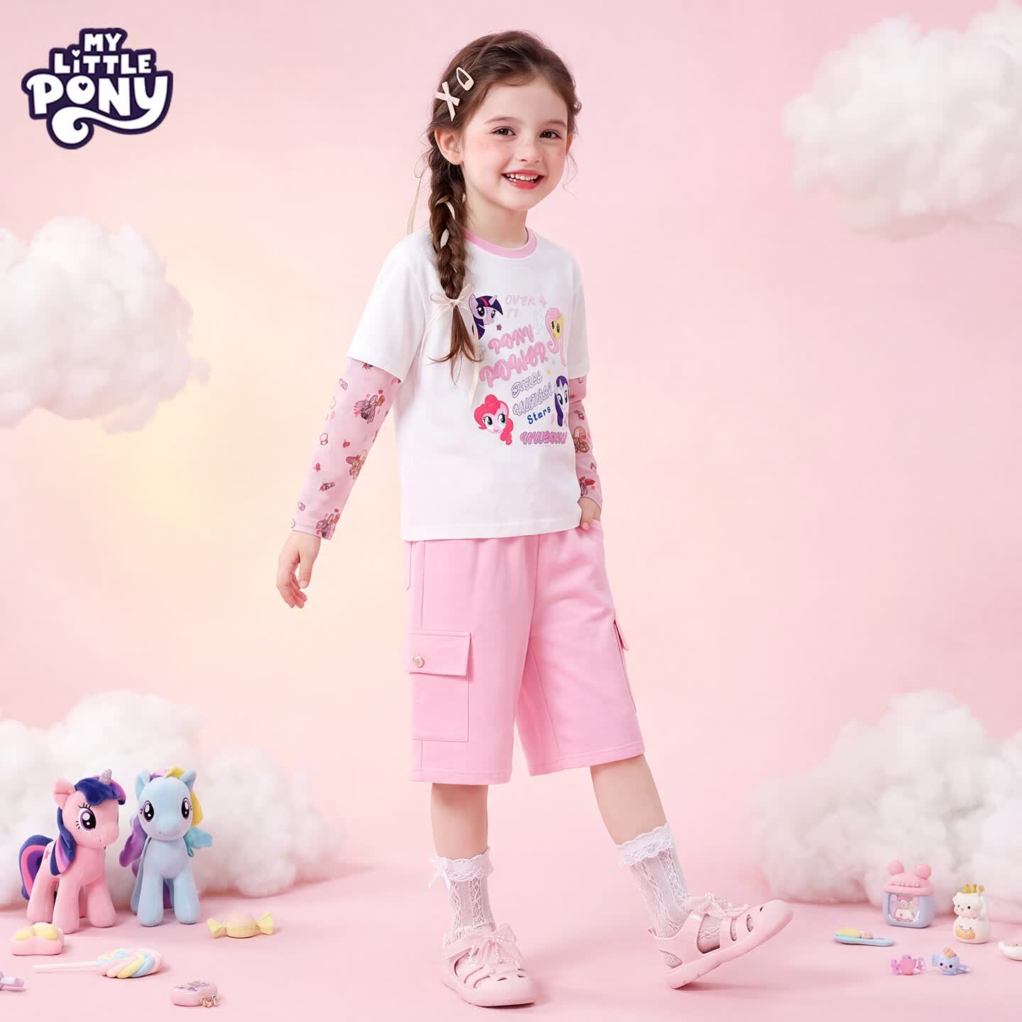 小马宝莉（MY LITTLE PONY）2026夏季新款女童套装中大童长袖t恤短裤元气多巴胺套装 夏日多巴胺长袖短裤套装粉色 140 140cm