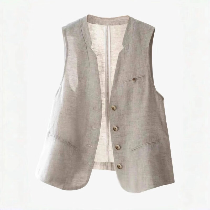 亚麻马甲女春夏款2026新款休闲薄款时洋气背心上衣棉麻外穿马夹 米色 3XL 【推荐135-150斤（卡码拍大）】