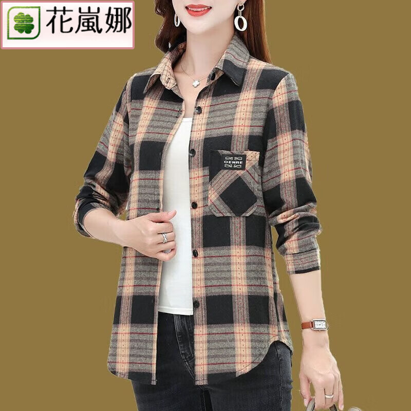 花岚娜（HUALANNA）女士衬衫纯棉格子长袖开衫中年春秋上衣洋气休闲磨毛棉衬衣 黑红格/315款 2XL （适合115-128斤）