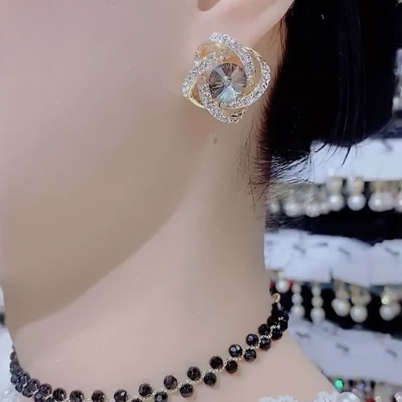 接运猫高级感轻奢灰色水晶耳环女气质名媛小众耳针夸张复古港风法式耳饰 金色银针