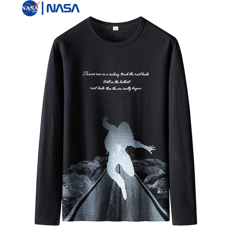 NASAMITOO纯棉印花长袖T恤男士2024秋季新款休闲圆领打底衫 黑色 XL