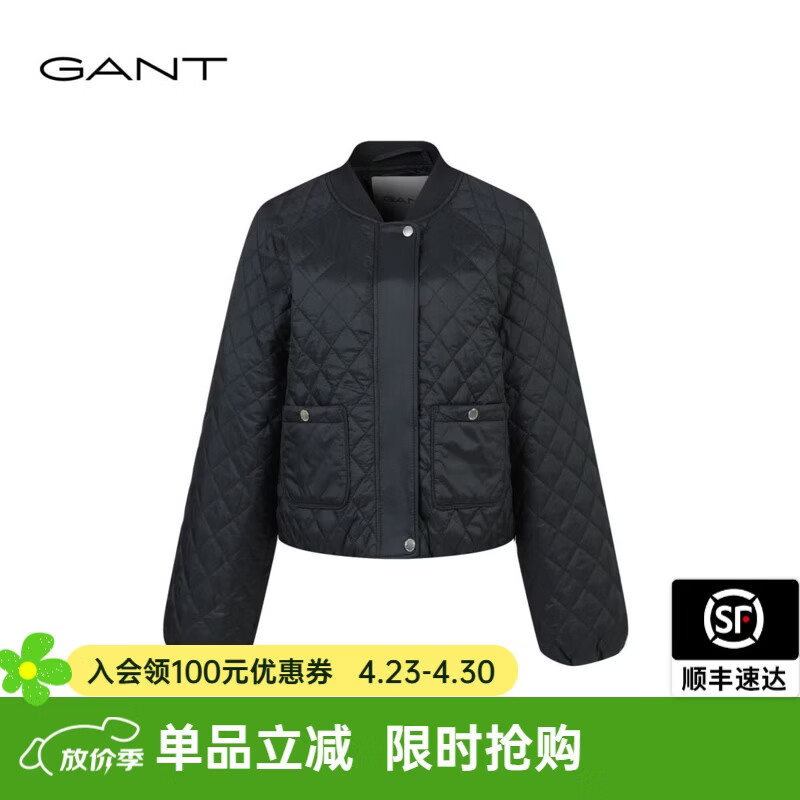 GANT/甘特2024冬季新款女士宽松简约纯色菱格休闲棒球领棉服外套 500-黑色 2XL